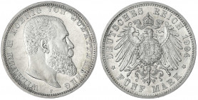 Württemberg
Wilhelm II., 1891-1918
5 Mark 1904 F. vorzüglich/Stempelglanz aus Polierte Platte, kl. Kratzer. Jaeger 176.