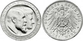 Württemberg
Wilhelm II., 1891-1918
3 Mark 1911 F. Zur silbernen Hochzeit. Polierte Platte, kl. Randfehler und etwas berieben. Jaeger 177a.