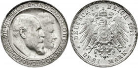 Württemberg
Wilhelm II., 1891-1918
3 Mark 1911 F. Zur silbernen Hochzeit. Stempelglanz, Prachtexemplar mit schöner Tönung. Jaeger 177a.