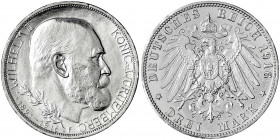 Württemberg
Wilhelm II., 1891-1918
3 Reichsmark 1916 zum 25 jähr. Regierungsjubiläum. fast Stempelglanz aus Polierte Platte, min. Randfehler, sehr s...