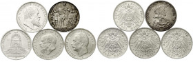 Zusammenstellungen/Lots
5 versch. 3 Mark in guten Qualitäten: Baden 1914, Bayern 1914 Ludwig, Preußen 1913 Befreiungskriege, Sachsen 1913 Völkerschla...