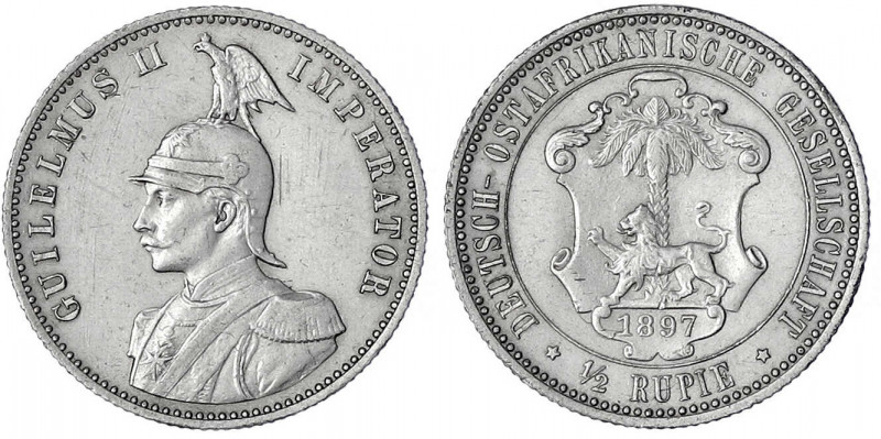 Deutsch Ostafrika
1/2 Rupie 1897. gutes sehr schön, kl. Kratzer. Jaeger N 712.