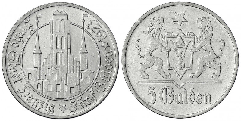 Danzig, Freie Stadt
5 Gulden 1923, Marienkirche. vorzüglich. Jaeger D 9.