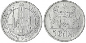 Danzig, Freie Stadt
5 Gulden 1923, Marienkirche. vorzüglich, min. Randfehler. Jaeger D 9.