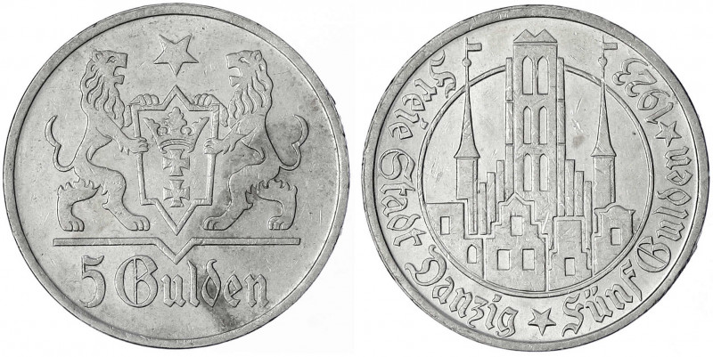 Danzig, Freie Stadt
5 Gulden 1923, Marienkirche. vorzüglich. Jaeger D 9.