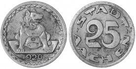 Aachen
Stadt
25 Pfennig 1920 Eisen, vern., ohne Perlstab um Bärin. Kehrprägung. vorzüglich. Funck 1.9.