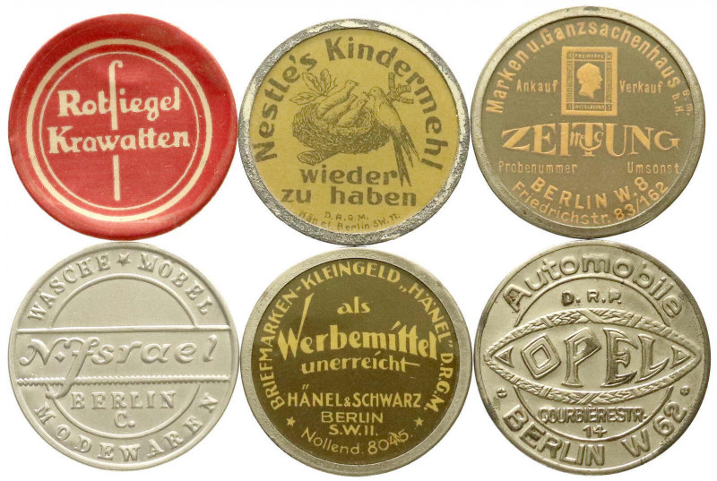 Berlin
6 versch. Briefmarkenkapselgeld: Hänel & Schwarz, N. Israel, Nestle's Ki...