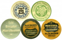 Dresden
5 versch. Briefmarkenkapselgeld: Echt Briesnitzer Mineralbrunnen, Ludwig Schulze KG, Weinhandlung Robert Weber, M. & R. Zocher (2 versch.). a...
