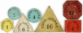 Hamburg
7 Thor=Sperrenmarken, farbig bedrucktes Holz, in Gebrauch ca. 1800 bis 1860. Wertstufen 1, 2, 4 (2 versch.), 6, 12, 16, rund, drei-, vier-, s...