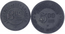Homberg (Rheinprovinz)
KGL Steinkohlenbergwerk Rheinpreussen: 3 und 5 (Mark) Zink o.J. vorzüglich, kl. Kratzer und vorzüglich. Menzel 11944.6,7.