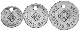 Lünen
3 Stück, Eisenhütte Westfalia: 5, 10 und 50 Pf. Alu o.J., jeweils oben gelocht. prägefrisch, selten. Menzel 15790.1-3.