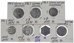 Werne a.d. Lippe
Stadt
7 verschiedene: 10, 25 Pfg. o.J., 10, 25 Pfg. 1918, 10, 25 und 50 Pfg. 1920. Alle Eisen. meist sehr schön, selten. Funck 596....