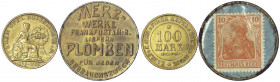 Zusammenstellungen/Lots
2 Stück: Rüsselsheim Adam Opel 100 Mark Messing 1922. Frankfurt a.M. Merzwerke Briefmarkenkapselgeld 10 Pf. vorzüglich und se...