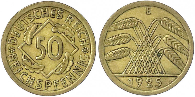 Kursmünzen
50 Reichspfennig, messingfarben 1924-1925
1925 E. fast vorzüglich. ...