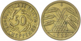 Kursmünzen
50 Reichspfennig, messingfarben 1924-1925
1925 E. fast vorzüglich. Jaeger 318.