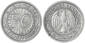 Kursmünzen
50 Reichspfennig, Nickel 1927-1938
1927 A. Polierte Platte, sehr selten. Jaeger 324.