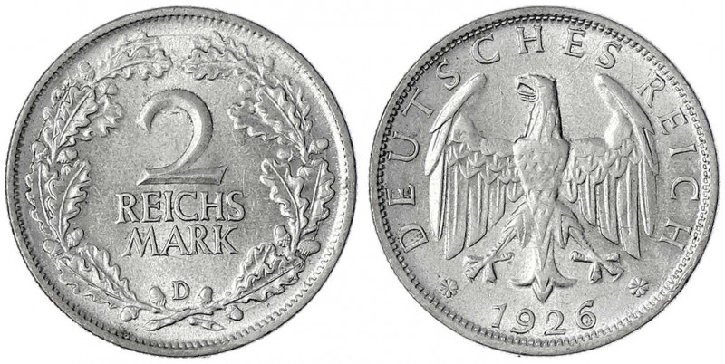 Kursmünzen
2 Reichsmark, Silber 1925-1931
1926 D. fast Stempelglanz. Jaeger 32...