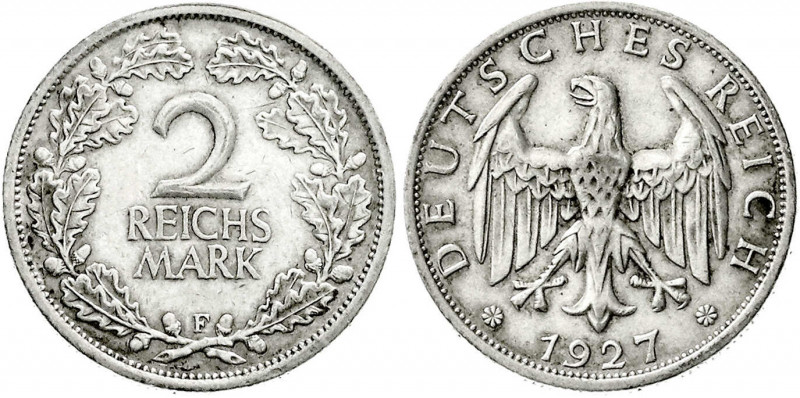 Kursmünzen
2 Reichsmark, Silber 1925-1931
1927 F. gutes sehr schön. Jaeger 320...