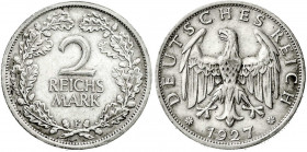 Kursmünzen
2 Reichsmark, Silber 1925-1931
1927 F. gutes sehr schön. Jaeger 320.