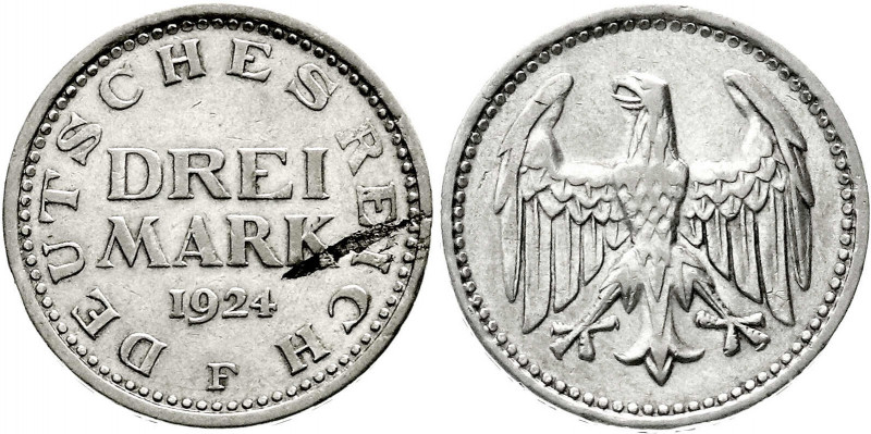 Kursmünzen
3 Mark, Silber 1924-1925
Drei Mark 1924 F. Wertseite mit markantem,...