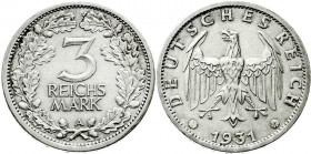 Kursmünzen
3 Reichsmark, Silber 1931-1933
1931 A. vorzüglich/Stempelglanz, kl. Randfehler. Jaeger 349.