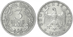 Kursmünzen
3 Reichsmark, Silber 1931-1933
1931 A. vorzüglich/Stempelglanz, kl. Kratzer. Jaeger 349.