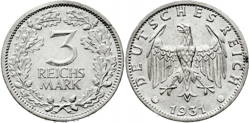 Kursmünzen
3 Reichsmark, Silber 1931-1933
1931 A. vorzüglich, winz. Schrötling...