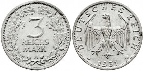Kursmünzen
3 Reichsmark, Silber 1931-1933
1931 A. vorzüglich, winz. Schrötlingsfehler am Rand. Jaeger 349.