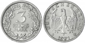 Kursmünzen
3 Reichsmark, Silber 1931-1933
1931 A. vorzüglich, kl. Randfehler. Jaeger 349.
