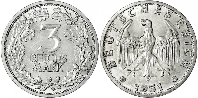 Kursmünzen
3 Reichsmark, Silber 1931-1933
1931 D. fast Stempelglanz. Jaeger 34...