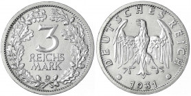 Kursmünzen
3 Reichsmark, Silber 1931-1933
1931 D. vorzüglich. Jaeger 349.