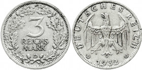 Kursmünzen
3 Reichsmark, Silber 1931-1933
1932 D. fast vorzüglich, Randfehler. Jaeger 349.