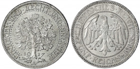 Kursmünzen
5 Reichsmark Eichbaum Silber 1927-1933
1927 A. fast Stempelglanz. Jaeger 331.