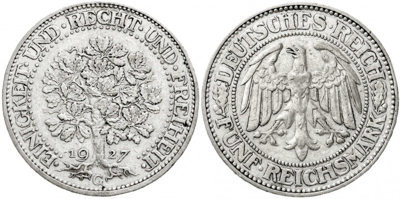 Kursmünzen
5 Reichsmark Eichbaum Silber 1927-1933
1927 G. sehr schön. Jaeger 3...
