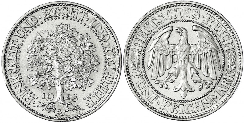 Kursmünzen
5 Reichsmark Eichbaum Silber 1927-1933
1928 A. vorzüglich, kl. Rand...