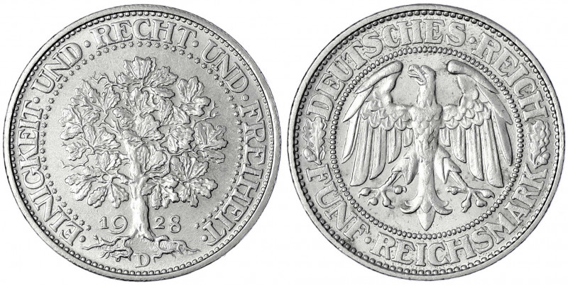 Kursmünzen
5 Reichsmark Eichbaum Silber 1927-1933
1928 D. vorzüglich. Jaeger 3...