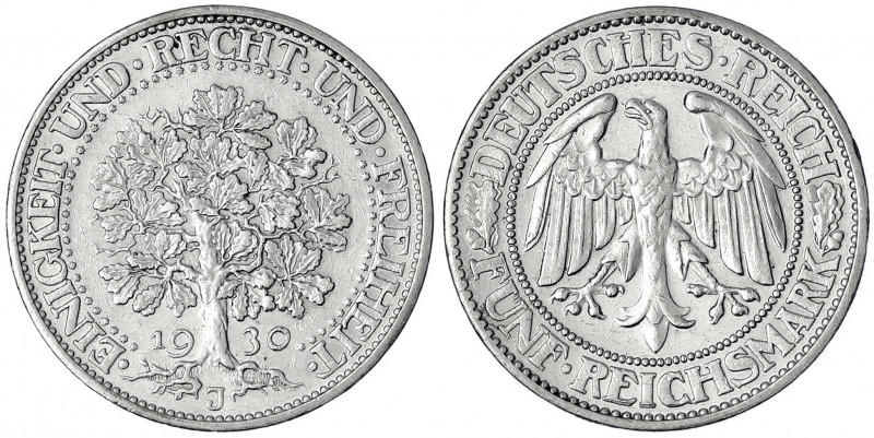 Kursmünzen
5 Reichsmark Eichbaum Silber 1927-1933
1930 J. sehr schön/vorzüglic...