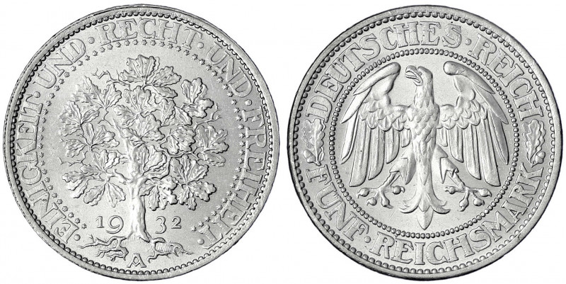 Kursmünzen
5 Reichsmark Eichbaum Silber 1927-1933
1932 A. vorzüglich/Stempelgl...