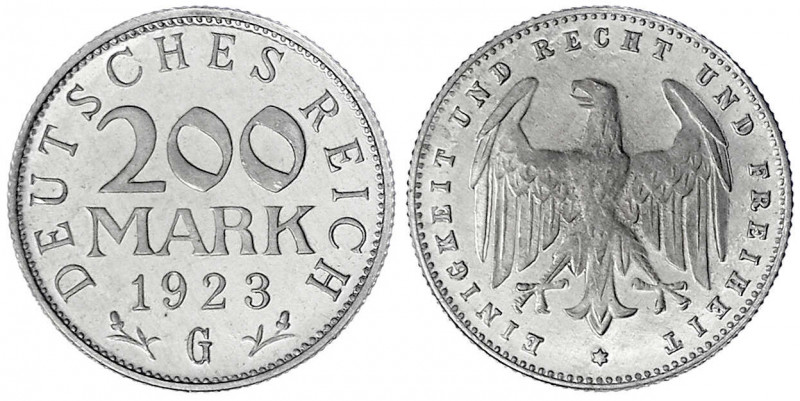 Kursmünzen
200 Mark, Aluminium 1923
1923 G. Polierte Platte, min. berührt, seh...