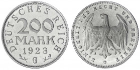 Kursmünzen
200 Mark, Aluminium 1923
1923 G. Polierte Platte, min. berührt, sehr selten. Jaeger 304.