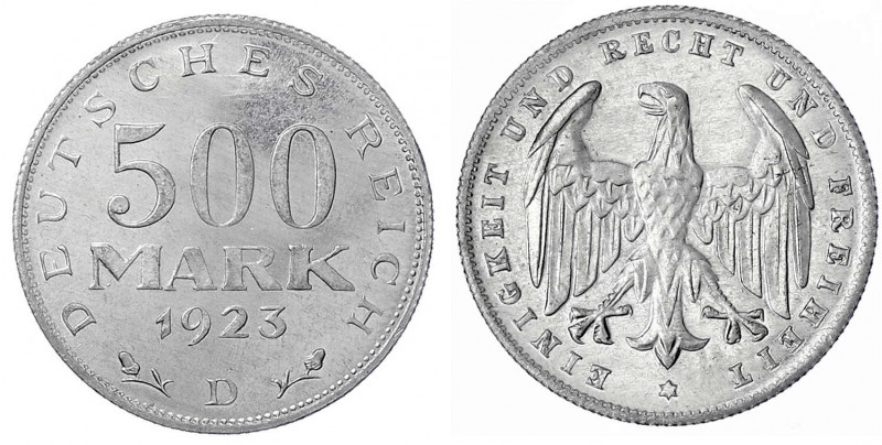 Kursmünzen
500 Mark, Aluminium 1923
1923 D. Polierte Platte, etwas berieben. J...