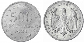 Kursmünzen
500 Mark, Aluminium 1923
1923 D. Polierte Platte, etwas berieben. Jaeger 305.