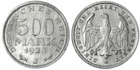 Kursmünzen
500 Mark, Aluminium 1923
1923 J. Polierte Platte, min. berieben. Jaeger 305.