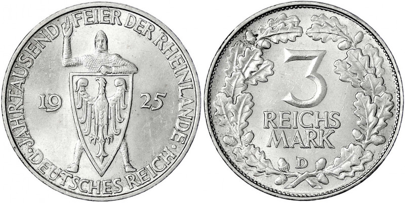 Gedenkmünzen
3 Reichsmark Rheinlande
1925 D. vorzüglich/Stempelglanz. Jaeger 3...