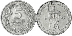 Gedenkmünzen
5 Reichsmark Rheinlande
2 Stück: 1925 A und D. beide vorzüglich, einmal kl. Kratzer. Jaeger 322.