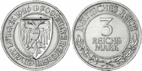 Gedenkmünzen
3 Reichsmark Lübeck
1926 A. vorzüglich, kl. Kratzer. Jaeger 323.