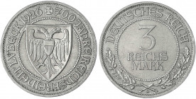 Gedenkmünzen
3 Reichsmark Lübeck
1926 A. vorzüglich, kl. Randfehler. Jaeger 323.