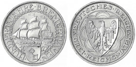 Gedenkmünzen
3 Reichsmark Bremerhaven
1927 A. vorzüglich/Stempelglanz, winz. Randfehler. Jaeger 325.