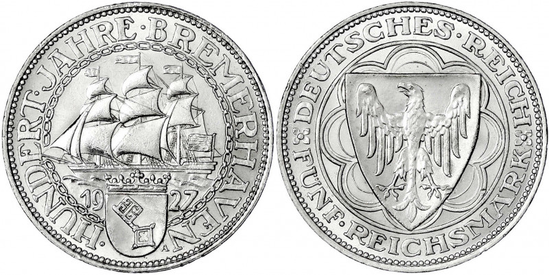 Gedenkmünzen
5 Reichsmark Bremerhaven
1927 A. vorzüglich/Stempelglanz, kl. Ran...