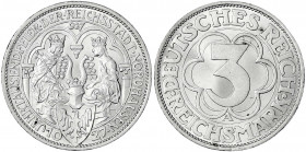 Gedenkmünzen
3 Reichsmark Nordhausen
1927 A. prägefrisch/fast Stempelglanz, Schleifspur am Rand. Jaeger 327.